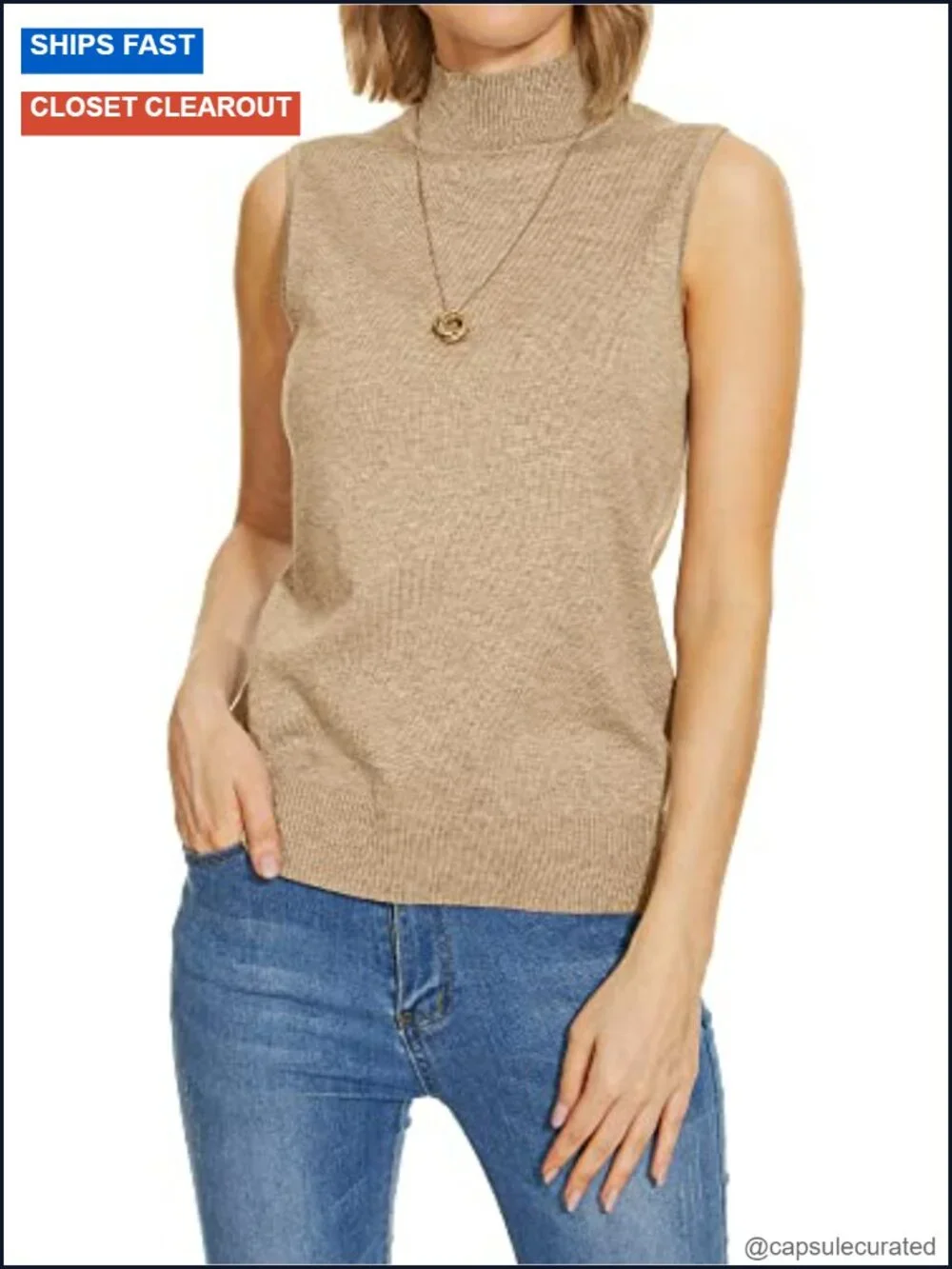 Sleeveless Mock Neck Turtleneck Knit Top Sweater Vest Business Work Tank